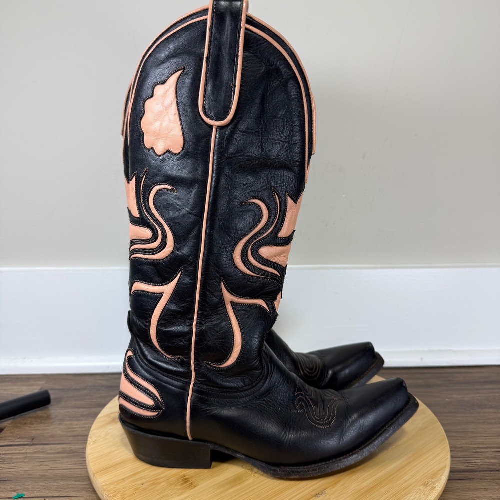 Rare Lane Handcrafted Cowboy Boots Womens 6.5 Black Pink Flame Inlay Pointed Toe